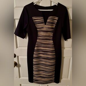Connected Apparel Black and Tan Striped Midi Dress